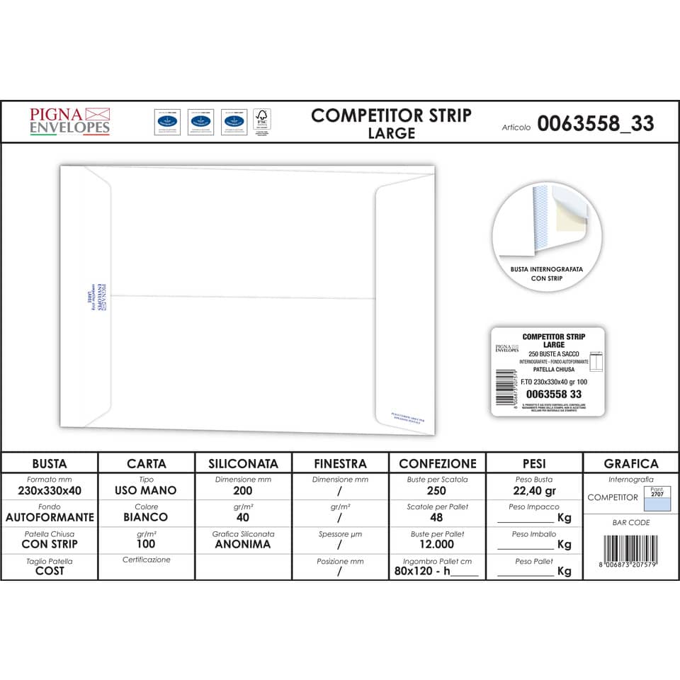 Buste a sacco bianche Pigna Envelopes Competitor strip Large soffietti 4 cm 100 g/m² 230x330 mm  conf. 250 - 0063558