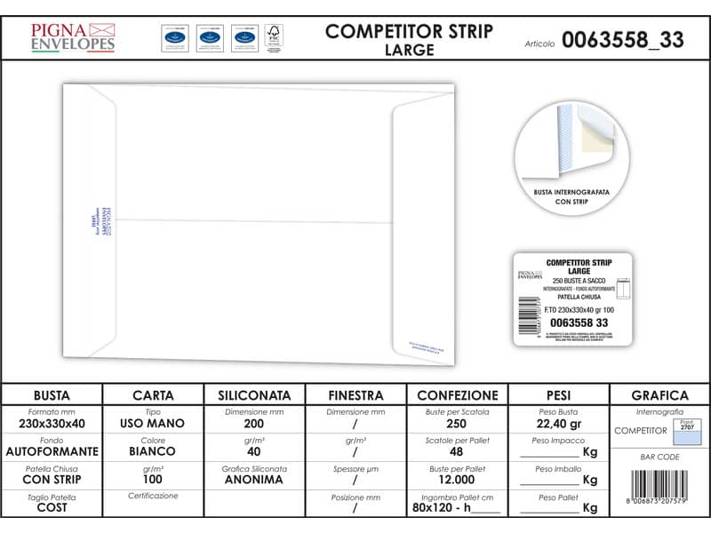 Buste a sacco bianche Pigna Envelopes Competitor strip Large soffietti 4 cm 100 g/m² 230x330 mm  conf. 250 - 0063558