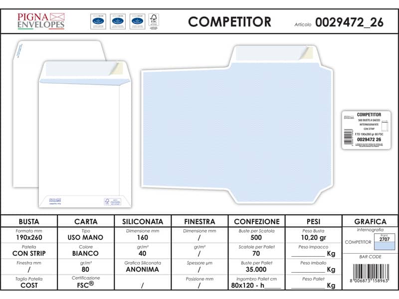 Buste a sacco bianche autoad. removibili Pigna Envelopes Competitor strip 80 g/m² 190x260 mm  conf. 500 - 0029472