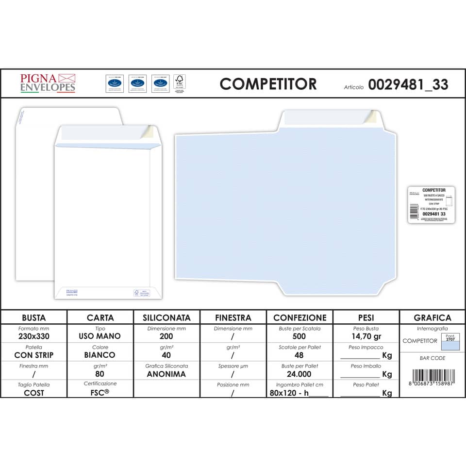 Buste a sacco bianche autoad. removibili Pigna Envelopes Competitor strip 80 g/m² 230x330 mm  conf. 500 - 0029481