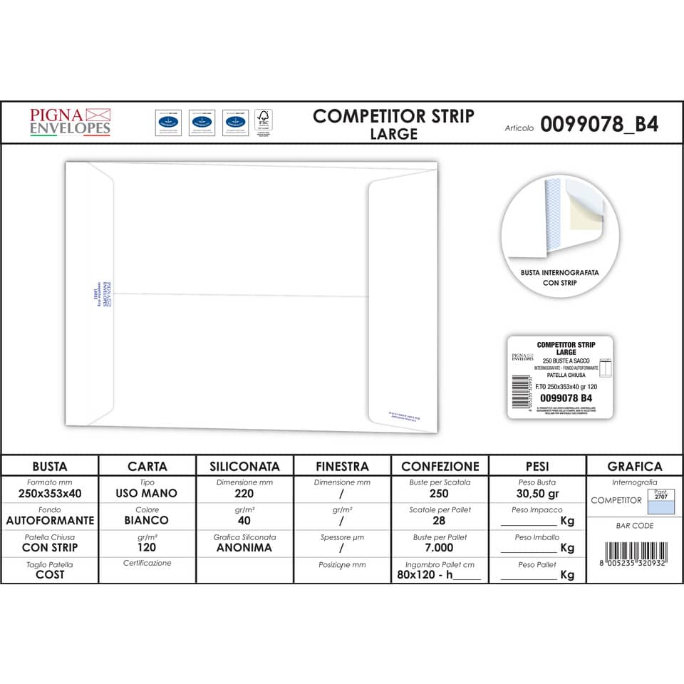 Buste a sacco bianche Pigna Envelopes Competitor strip Large soffietti 4 cm 120 g/m² 250x350 mm  conf. 250 - 0099078