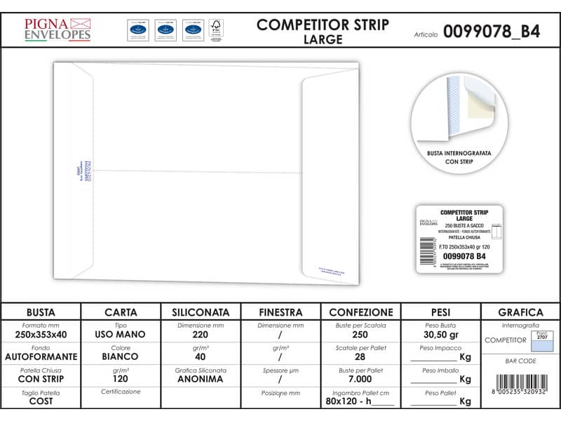 Buste a sacco bianche Pigna Envelopes Competitor strip Large soffietti 4 cm 120 g/m² 250x350 mm  conf. 250 - 0099078