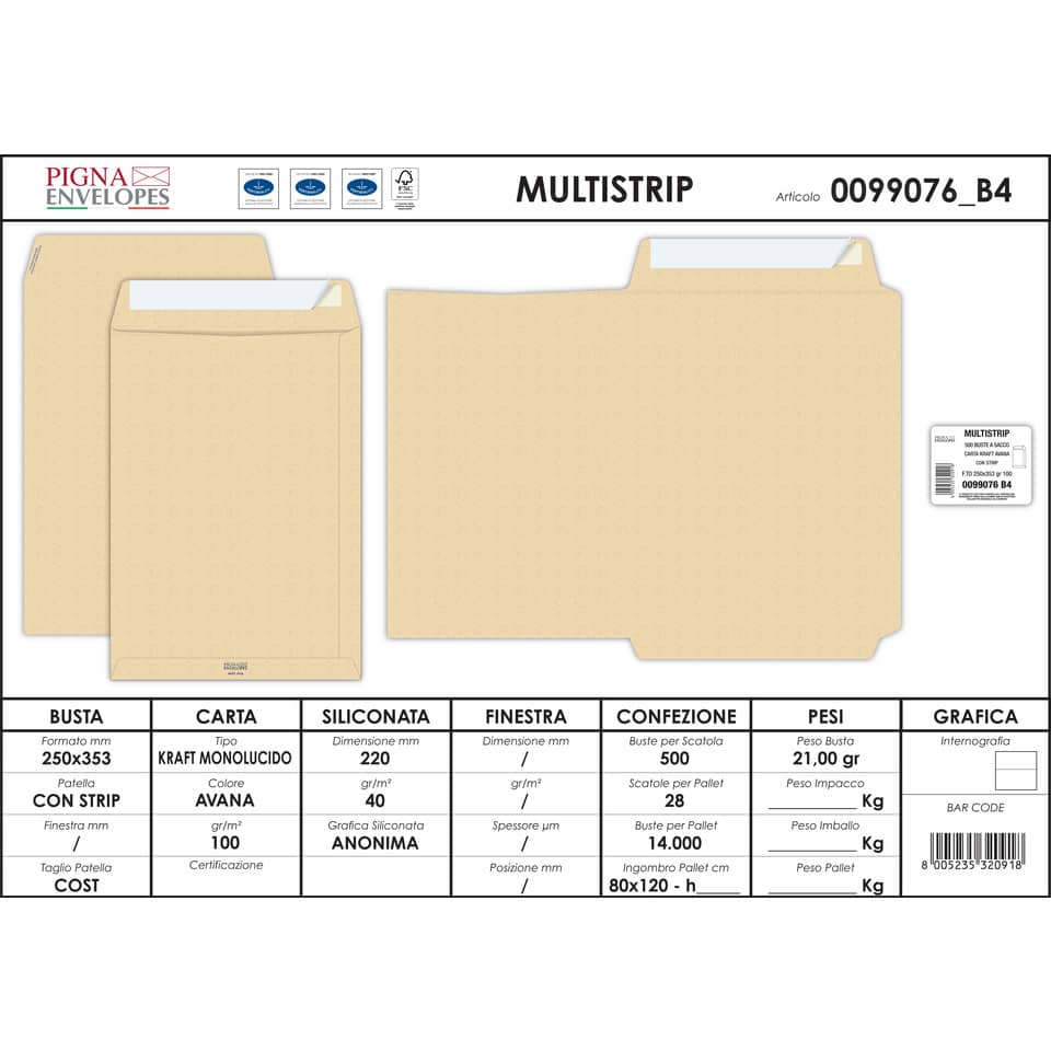 Buste a sacco autoadesive Pigna Envelopes Multi strip kraft avana 100 g/m² 250x353 mm  conf. 500 - 0099076