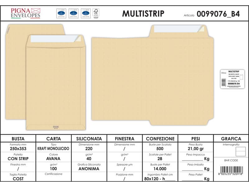 Buste a sacco autoadesive Pigna Envelopes Multi strip kraft avana 100 g/m² 250x353 mm  conf. 500 - 0099076