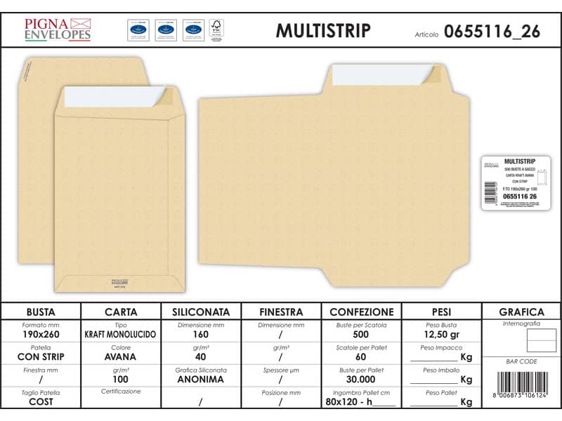 Buste a sacco Pigna Envelopes Multi Strip 19x26 cm Conf. 500 pezzi - 0655116