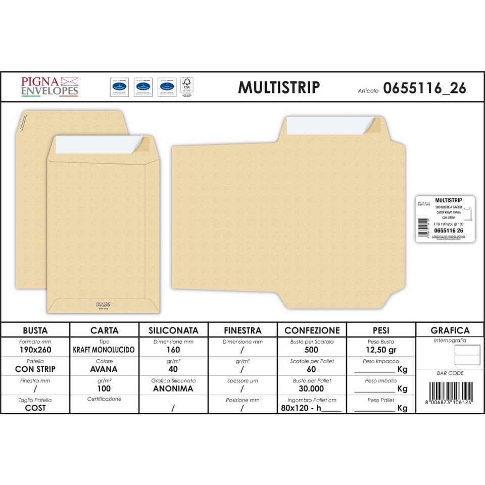 Buste a sacco Pigna Envelopes Multi Strip 19x26 cm Conf. 500 pezzi - 0655116