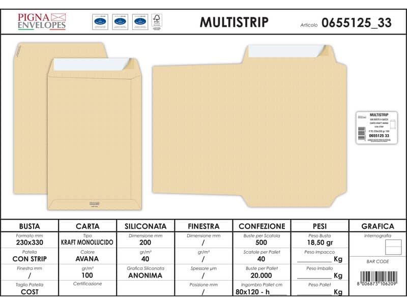 Buste a sacco Pigna Envelopes Multi Strip 23x33 cm avana Conf. 500 pezzi - 0655125