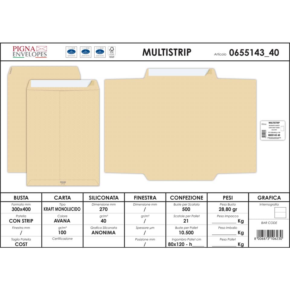 Buste a sacco Pigna Envelopes Multi Strip 30x40 cm avana Conf. 500 pezzi - 0655143