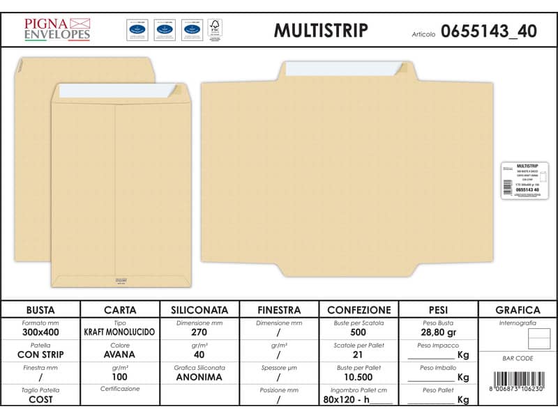 Buste a sacco Pigna Envelopes Multi Strip 30x40 cm avana Conf. 500 pezzi - 0655143