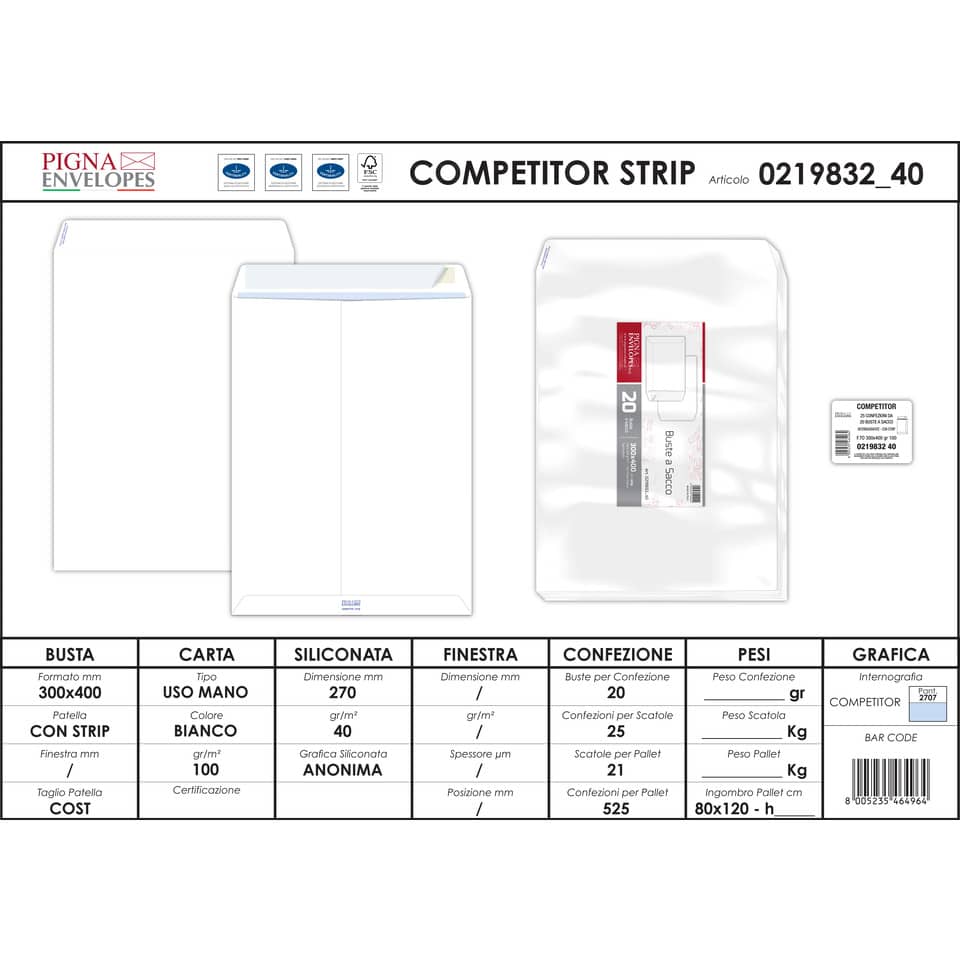 Buste a sacco Pigna Envelopes Competitor Strip 100 g/m² 300x400 mm bianco Conf. da 20 buste - 0219832