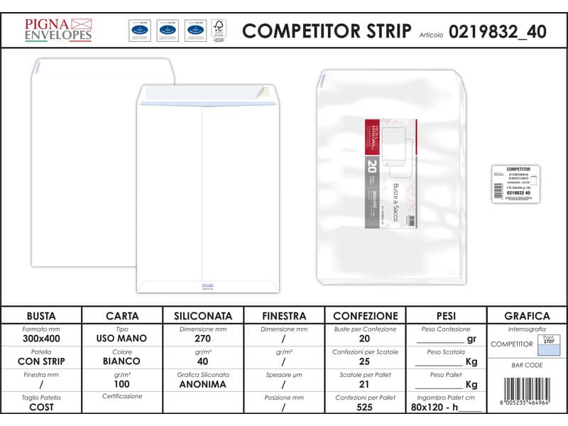 Buste a sacco Pigna Envelopes Competitor Strip 100 g/m² 300x400 mm bianco Conf. da 20 buste - 0219832