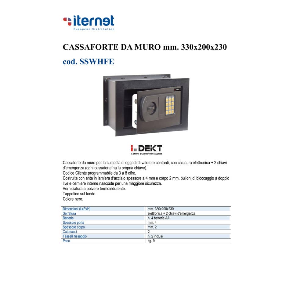 Cassaforte di sicurezza i.DEKT con chiusura elettronica + 2 chiavi d’emergenza nero mm. 310x200x200