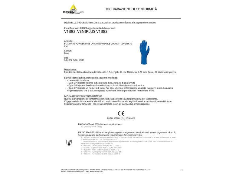 Guanti monouso Delta Plus Veniplus blu blu 30 cm lattice non talcato taglia 10/11 - Conf. 50 pezzi - V138310