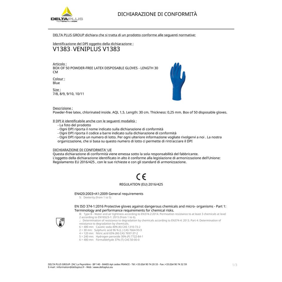 Guanti monouso Delta Plus Veniplus blu blu 30 cm lattice non talcato taglia 10/11 - Conf. 50 pezzi - V138310