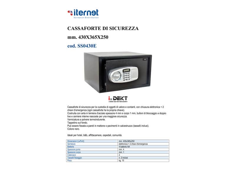 Cassaforte di sicurezza i.DEKT con chiusura elettronica + 2 chiavi d’emergenza nero mm. 430x365x250