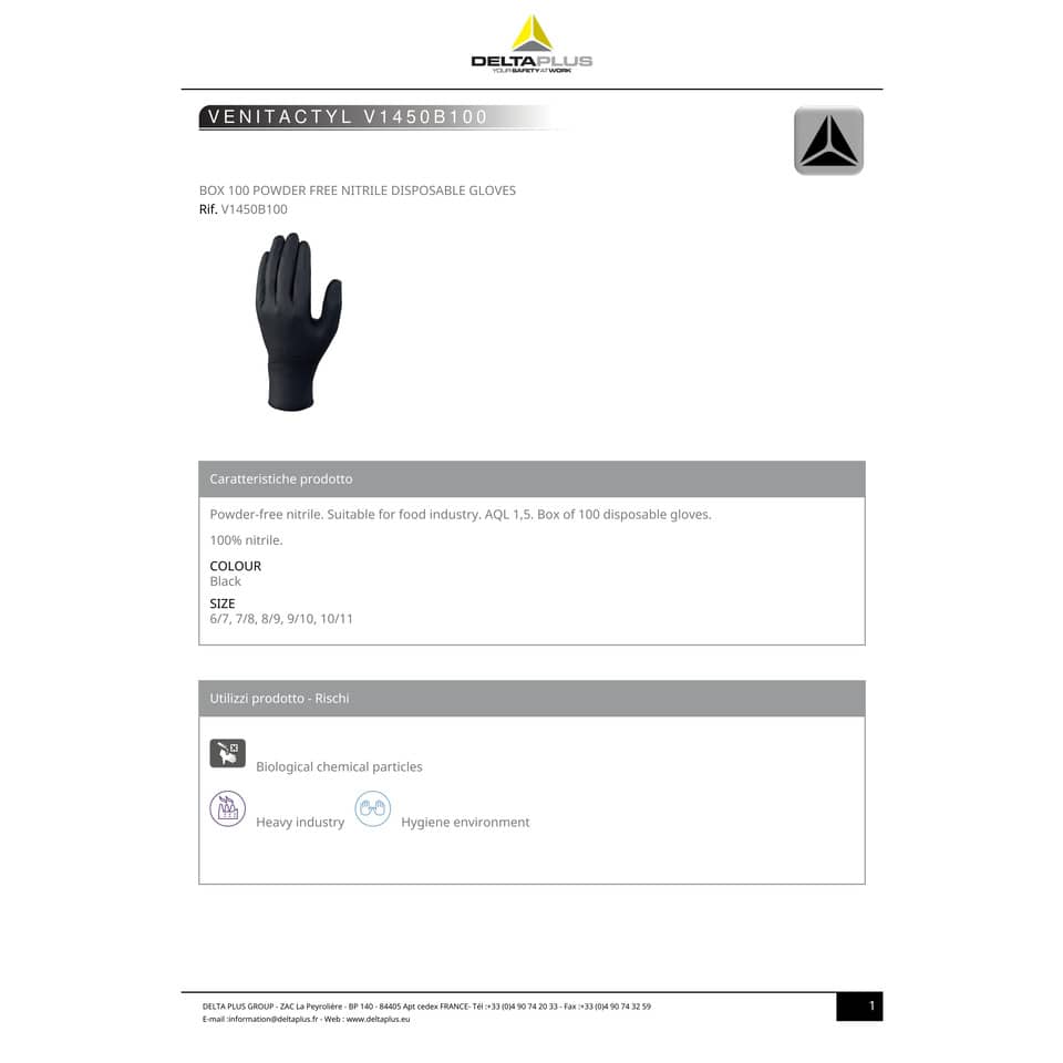 Guanti monouso Delta Plus Venitactyl nero nitrile non talcato taglia 8/9 Conf. 100 pezzi - V1450B10008