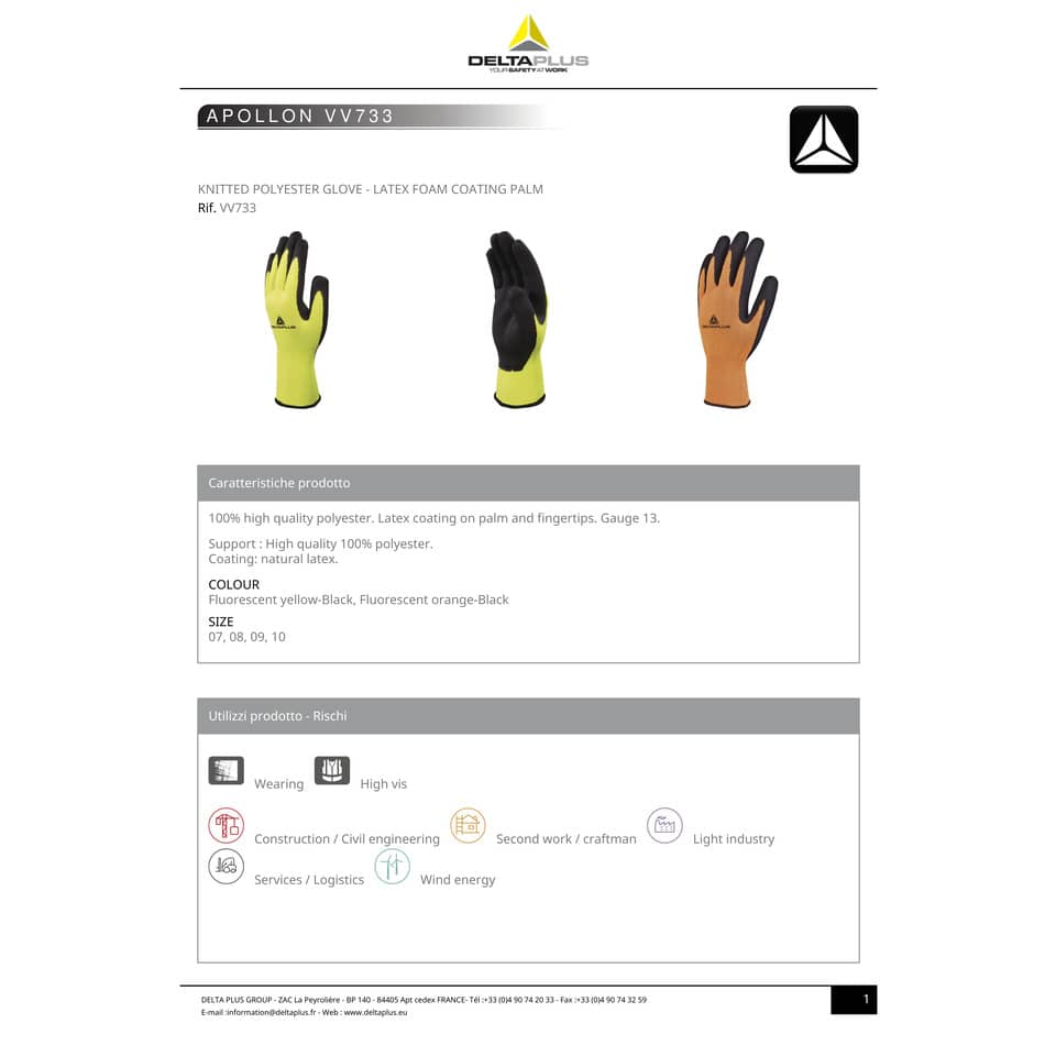 Guanto da lavoro Delta Plus Apollon VV733 in maglia poliestere arancio-nero taglia 9 - VV733OR09