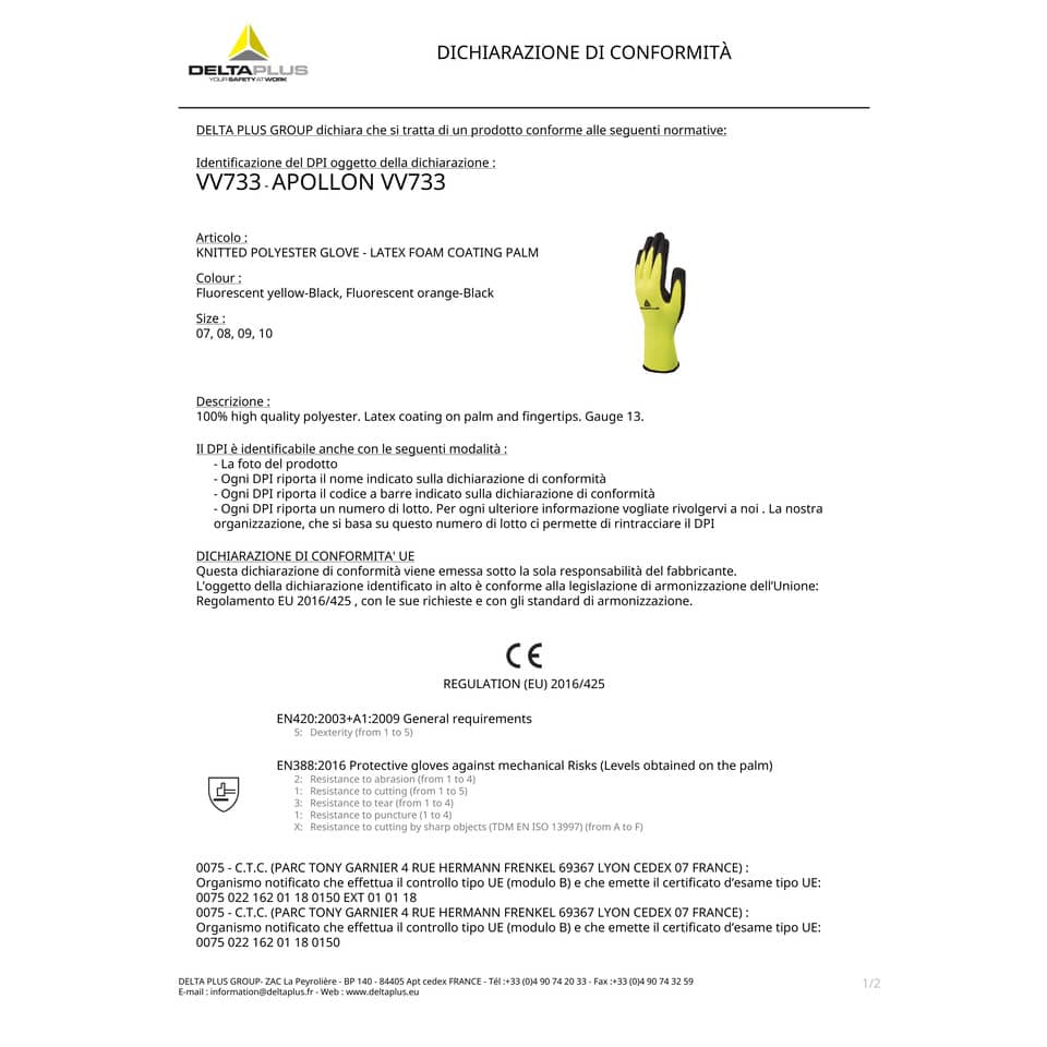 Guanto da lavoro Delta Plus Apollon VV733 in maglia poliestere arancio-nero taglia 9 - VV733OR09