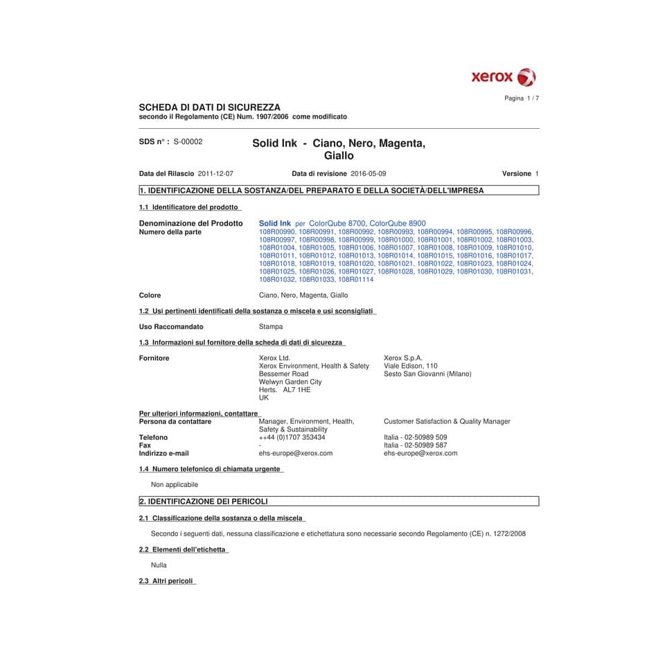 Stick solid ink 8700 Xerox ciano  Conf. 2 - 108R00995
