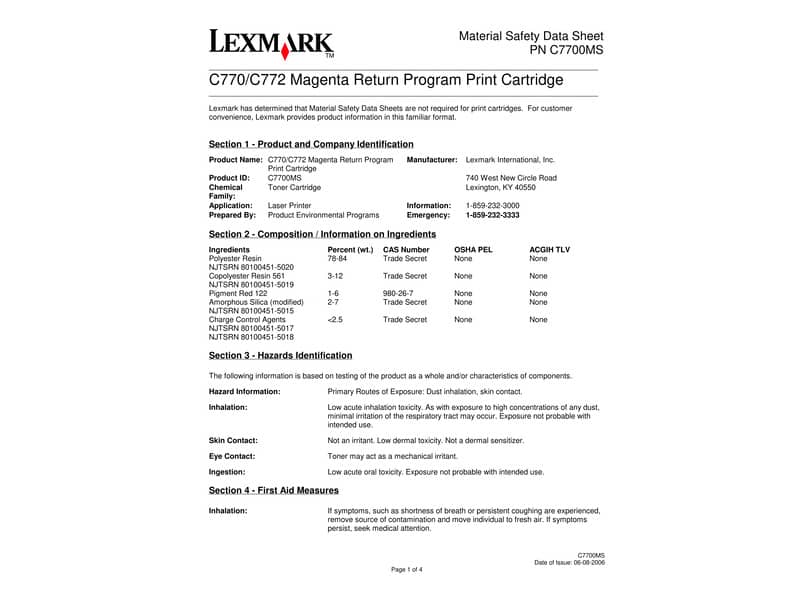 Toner return program Lexmark magenta  C7700MS