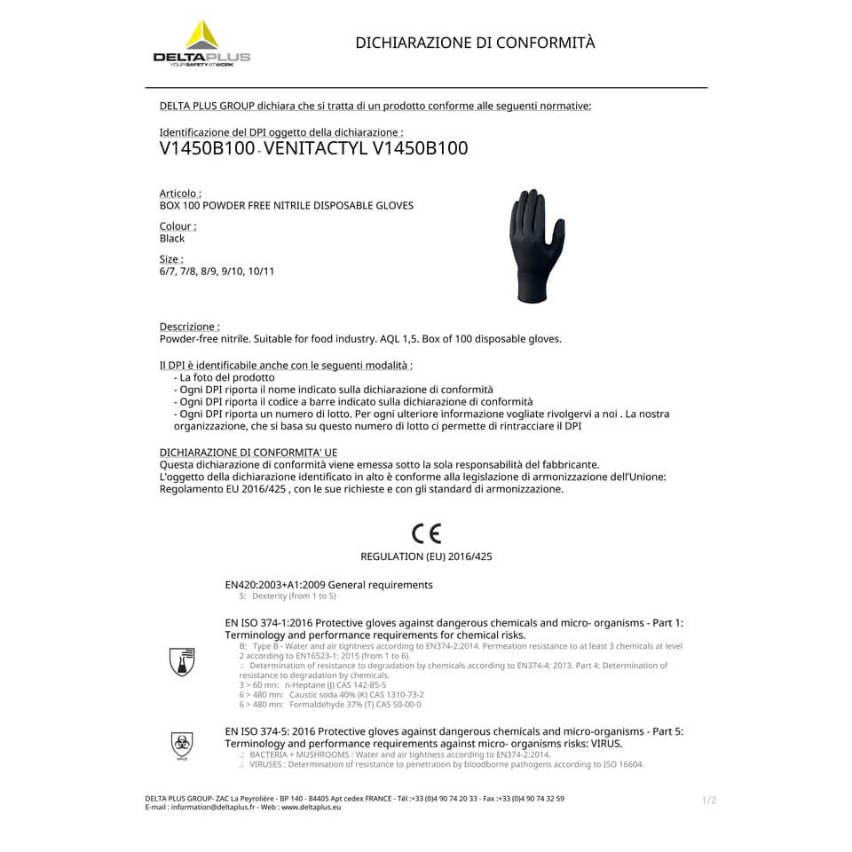 Guanti monouso Delta Plus Venitactyl nero nitrile non talcato taglia 10/11 Conf. 100 pezzi - V1450B10010