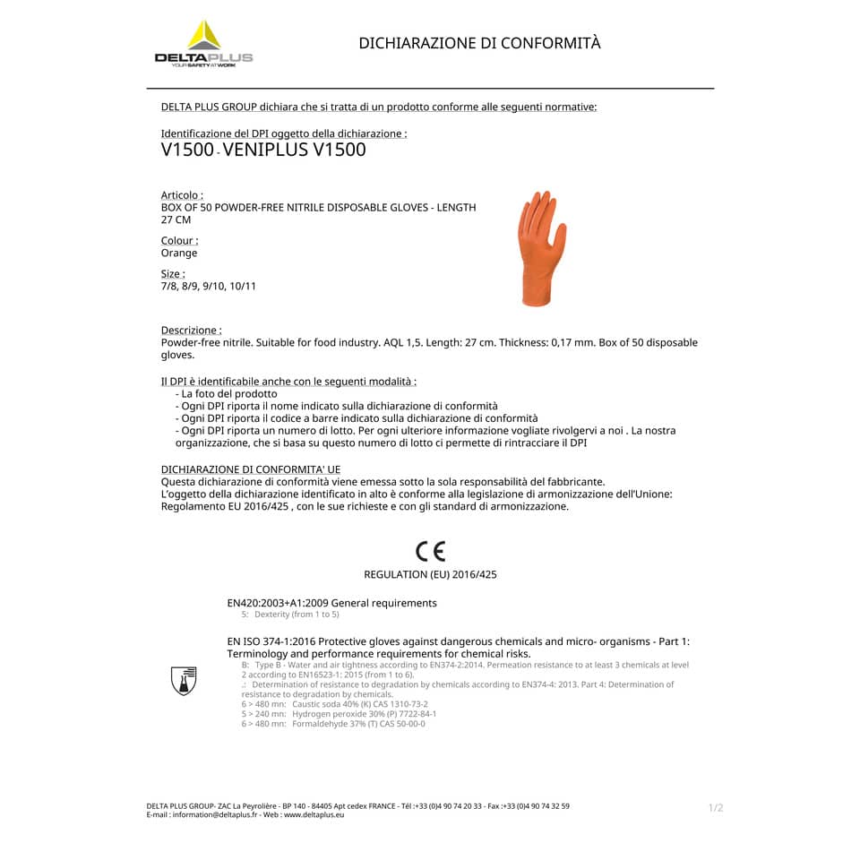 Guanti monouso Delta Plus Veniplus V1500 arancio 27 cm nitrile non talcato taglia 7/8  Conf. 50 pezzi - V150007