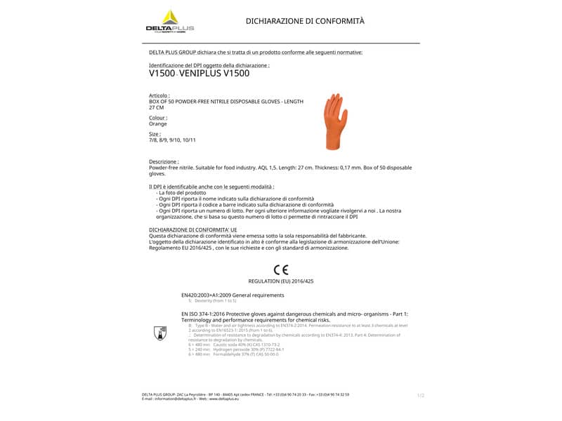 Guanti monouso Delta Plus Veniplus V1500 arancio 27 cm nitrile non talcato taglia 9/10  Conf.50 pezzi - V150009