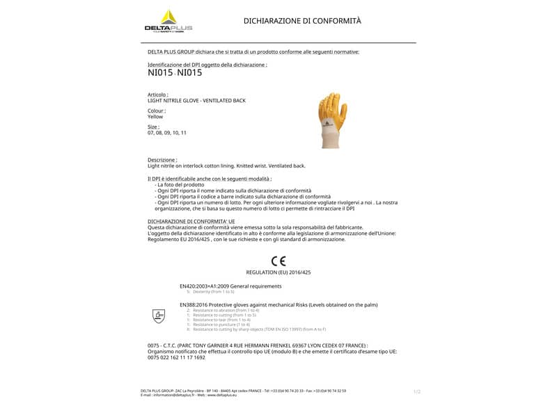 Guanto da lavoro Delta Plus nitrile leggero dorso aerato giallo taglia 9 - NI01509