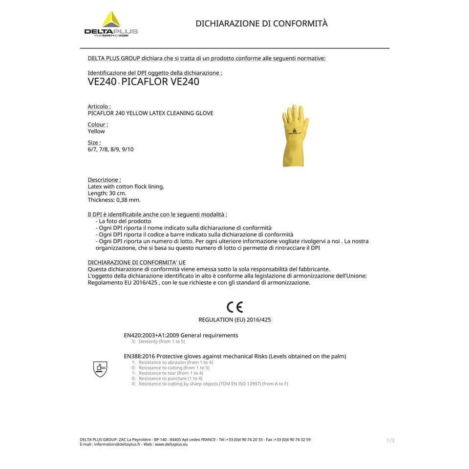 Guanti casalinghi Delta Plus Picaflor lattice giallo 30 cm taglia 8/9 - VE240JA08