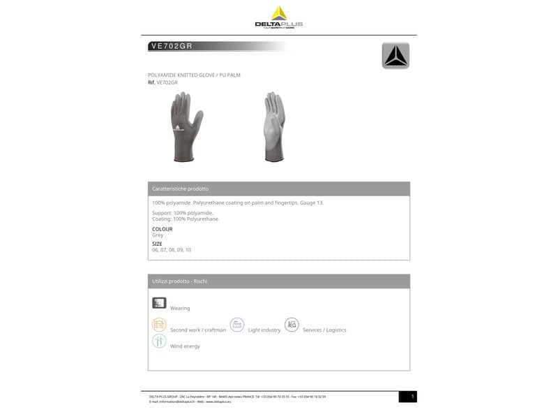Guanto da lavoro Delta Plus in maglia di poliammide con palmo in poliuretano grigio  taglia 8 - VE702GR08