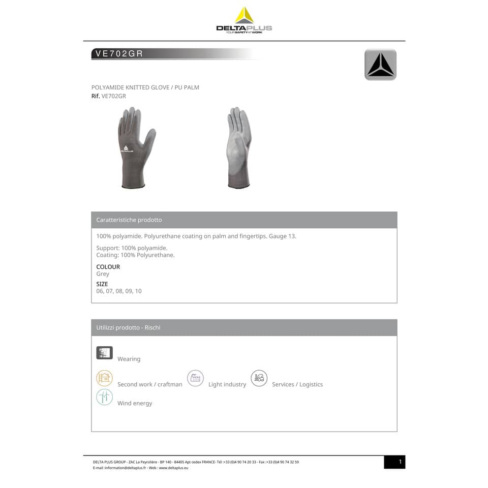 Guanto da lavoro Delta Plus in maglia di poliammide con palmo in poliuretano grigio  taglia 8 - VE702GR08