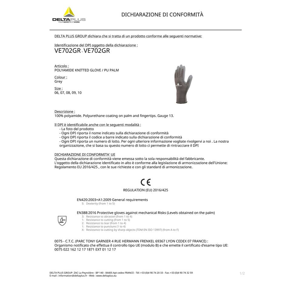 Guanto da lavoro Delta Plus in maglia di poliammide con palmo in poliuretano grigio  taglia 8 - VE702GR08