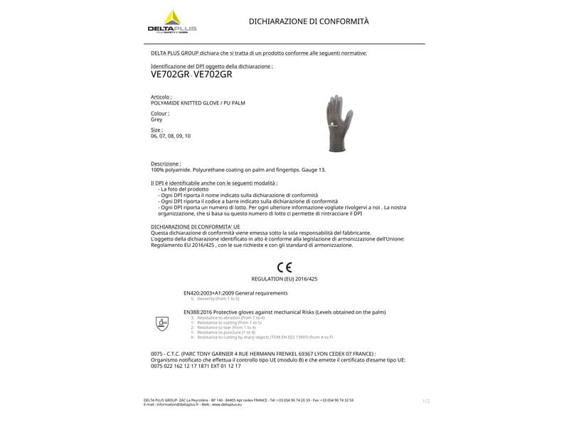 Guanto da lavoro Delta Plus in maglia di poliammide con palmo in poliuretano grigio  taglia 10 - VE702GR10