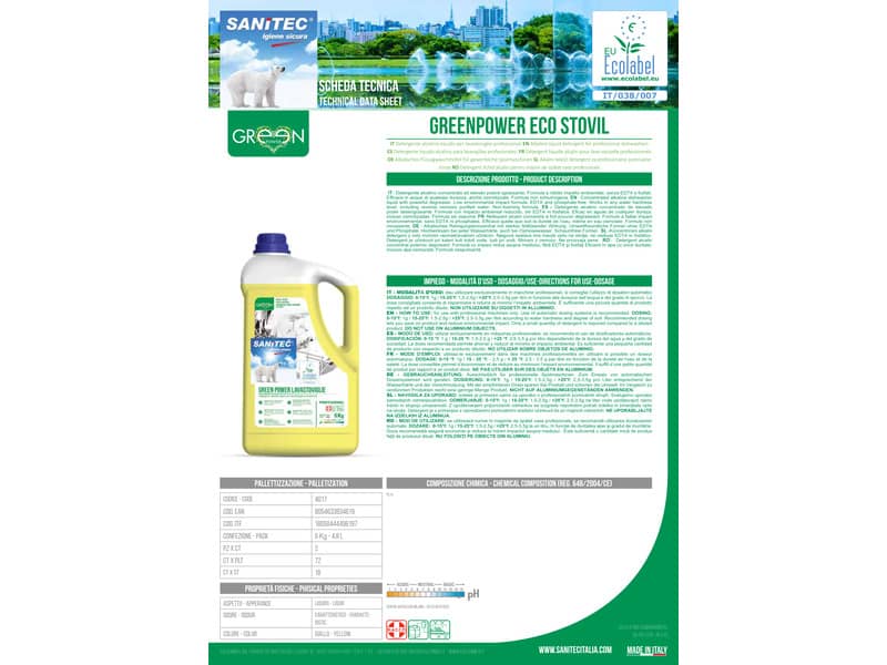 Detergente alcalino concentrato per lavastoviglie Green Power Sanitec 4.8 L 4017