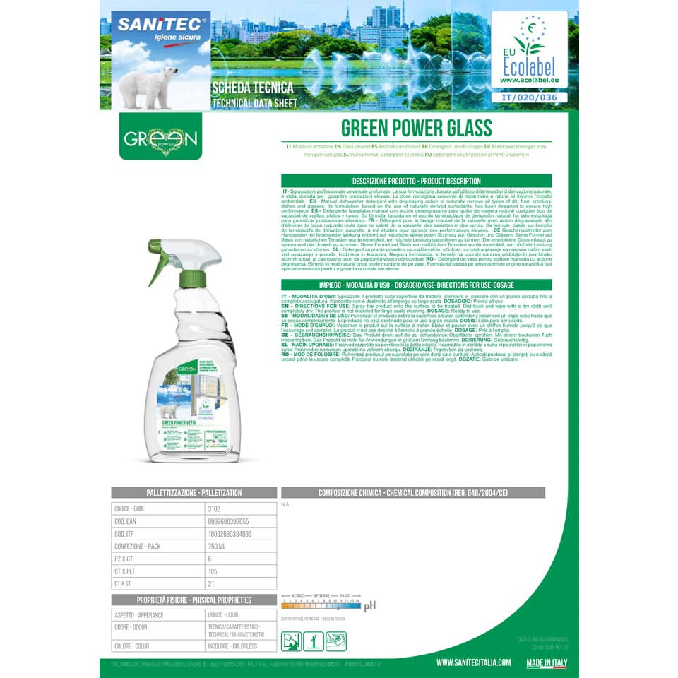 Sgrassatore per vetri Green Power Sanitec 750 ml 3102