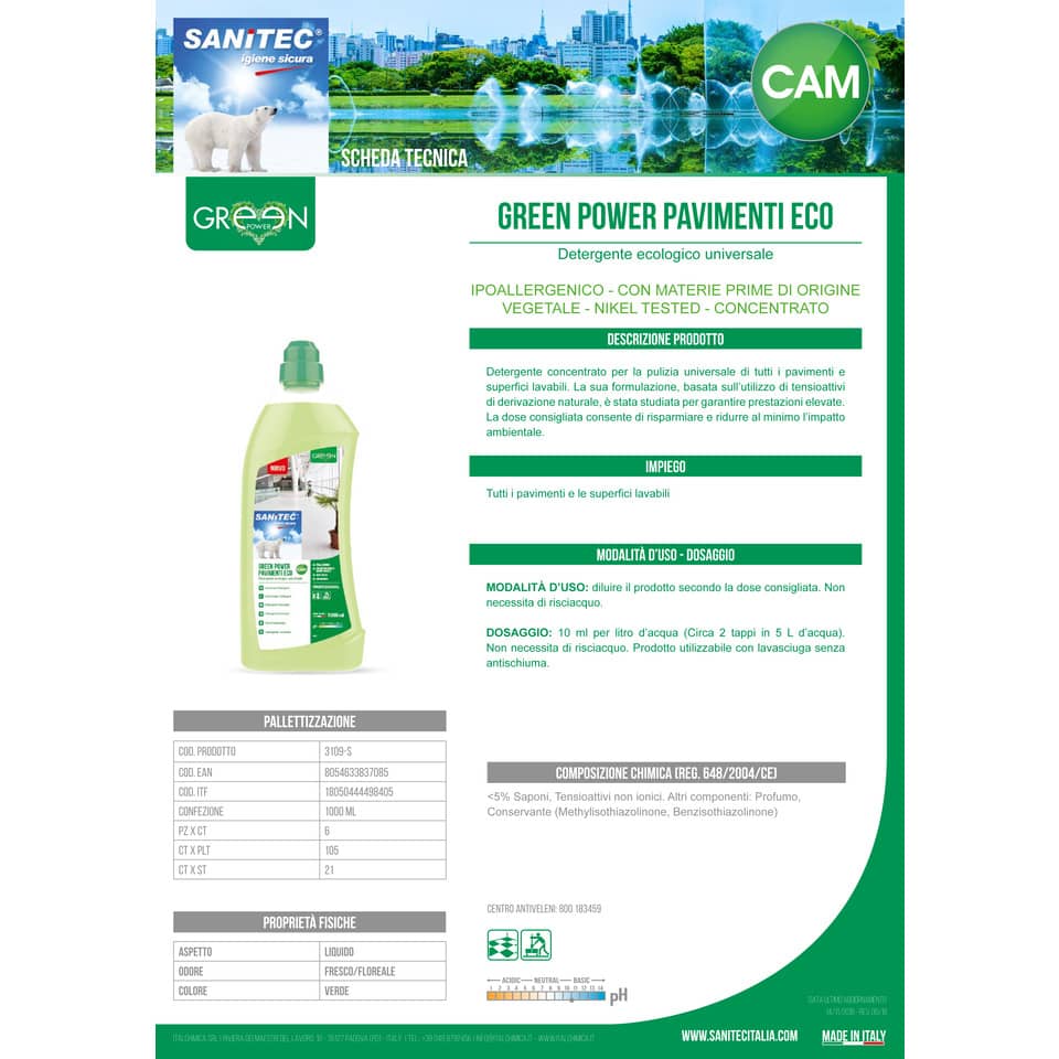 Detergente ecologico per pavimenti Sanitec Green Power 1 L 3109-S