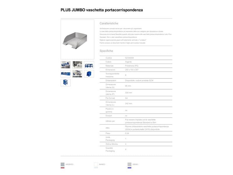 Vaschetta portacorrispondenza impilabile Leitz PLUS JUMBO in polistirolo A4 grigio metallizzato - 52330084