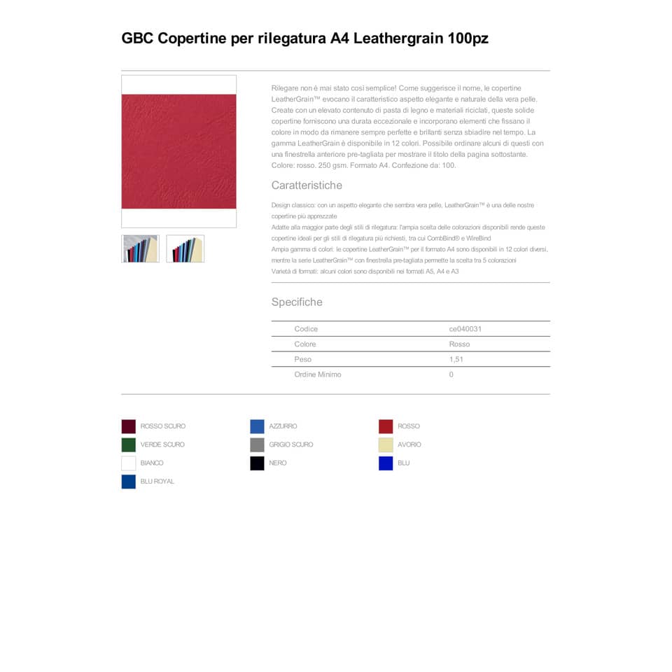 Copertine per rilegatura GBC Leathergrain in cartoncino goffrato rosso  conf da 100 copertine - CE040031