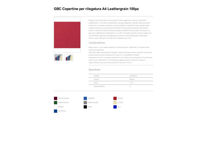 Copertine per rilegatura GBC Leathergrain in cartoncino goffrato rosso  conf da 100 copertine - CE040031