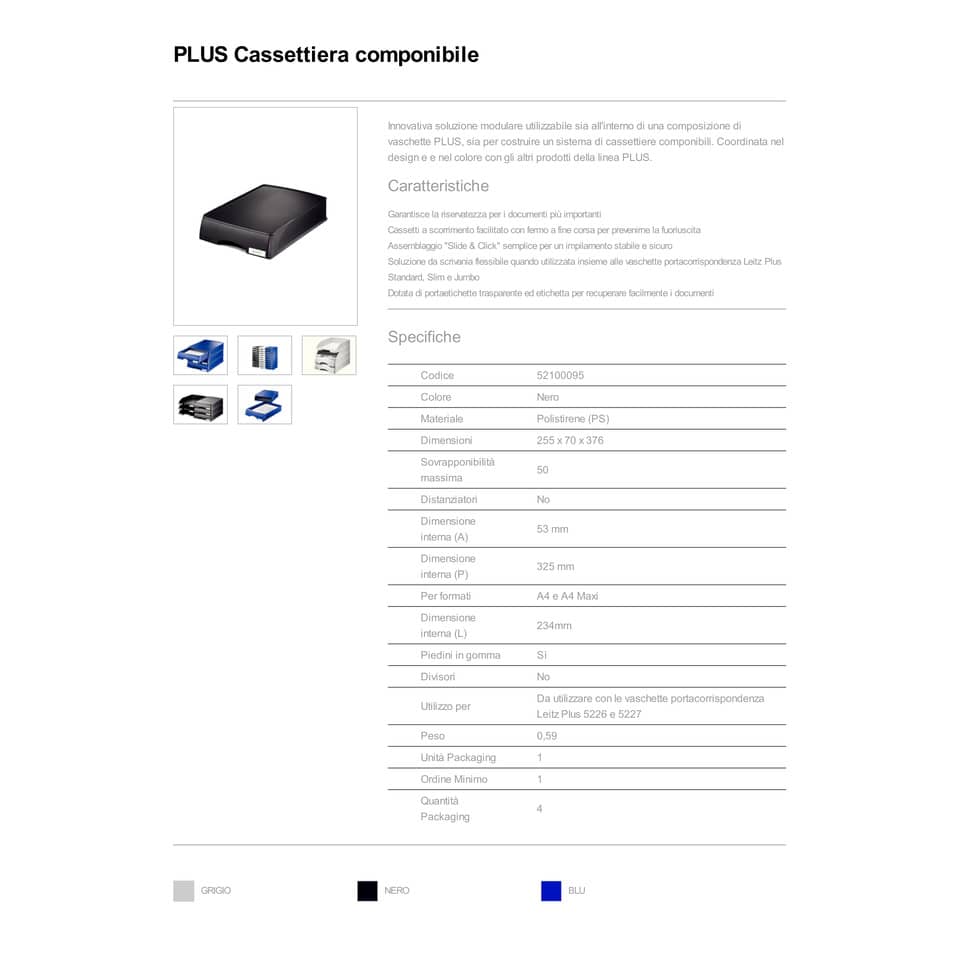 Cassetto componibile Leitz PLUS in polistirolo A4 nero 25,5x37,6x7 cm 52100095