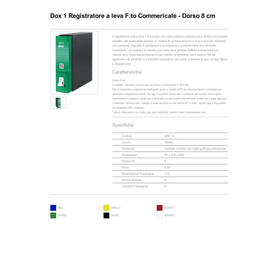 Registratore a leva DOX1 Commerciale 28,5x31,5 cm - dorso 8 cm verde D26114