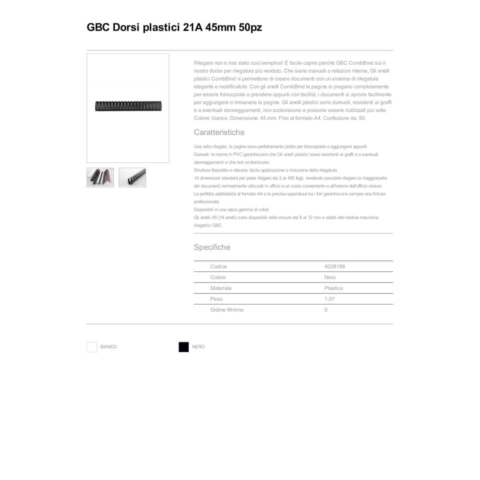 Dorsi plastici a 21 anelli GBC CombBind 45 mm A4 nero - fino a 400 fogli conf da 50 dorsi - 4028186