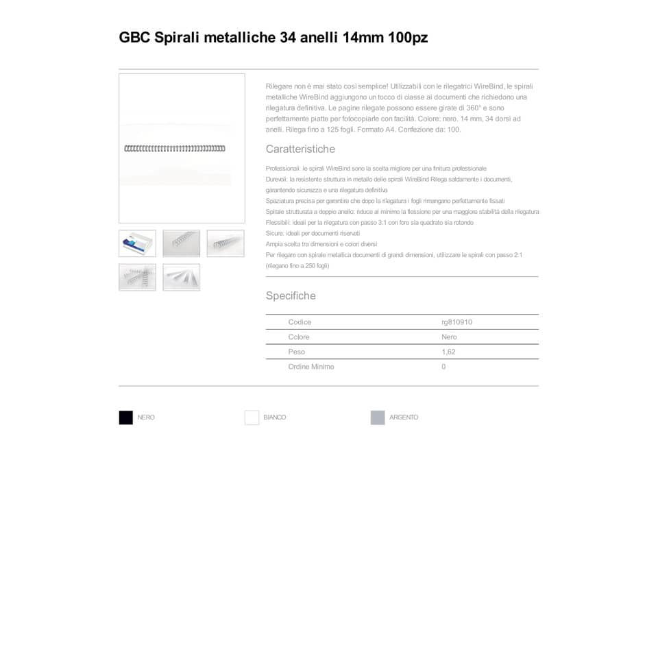Spirali metalliche a 34 anelli GBC WireBind 14 mm a4 nero conf da 100 spirali - RG810910