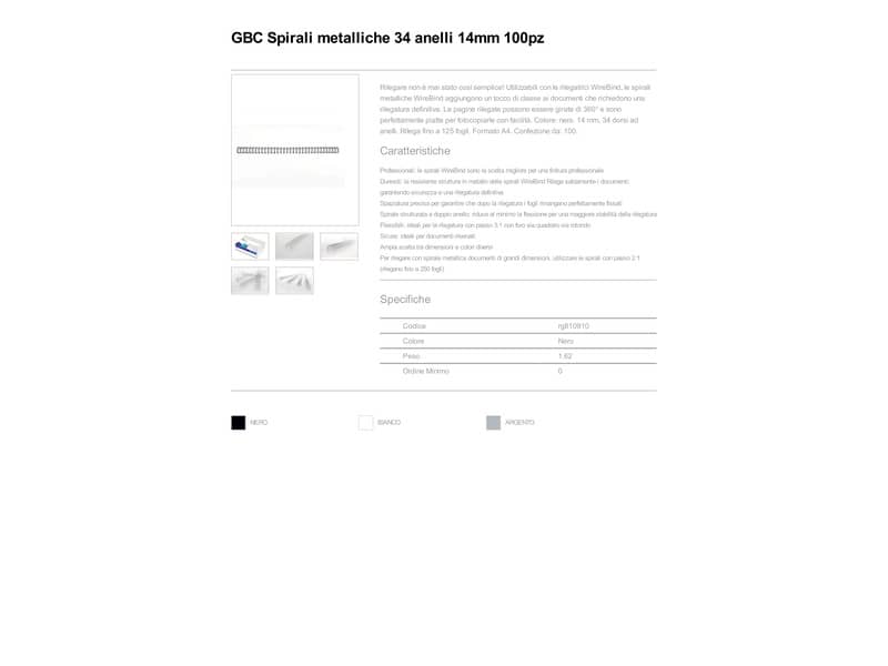 Spirali metalliche a 34 anelli GBC WireBind 14 mm a4 nero conf da 100 spirali - RG810910