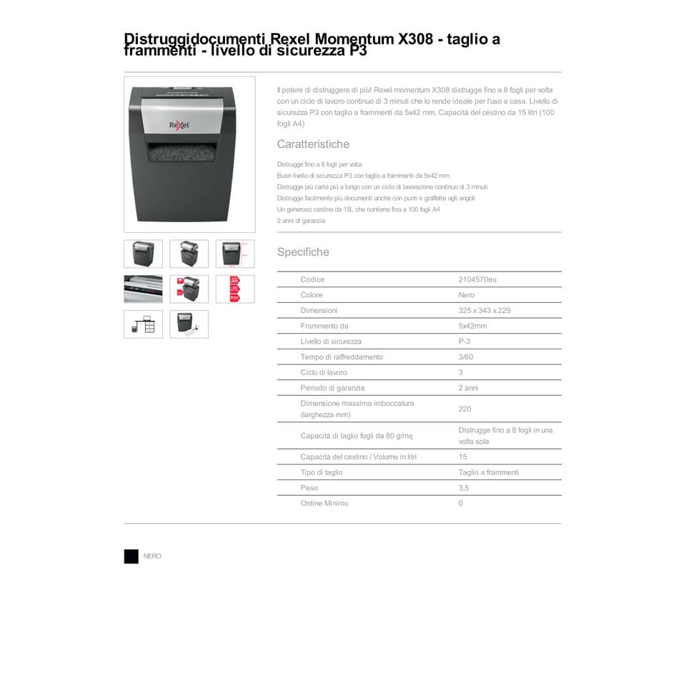 Distruggidocumenti uso moderato Rexel Momentum X308 - P-3 - 15 L - taglio a frammenti 5x42 mm - 2104570EU