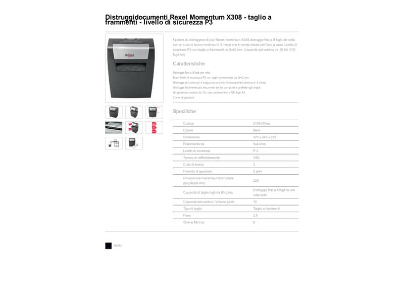 Distruggidocumenti uso moderato Rexel Momentum X308 - P-3 - 15 L - taglio a frammenti 5x42 mm - 2104570EU