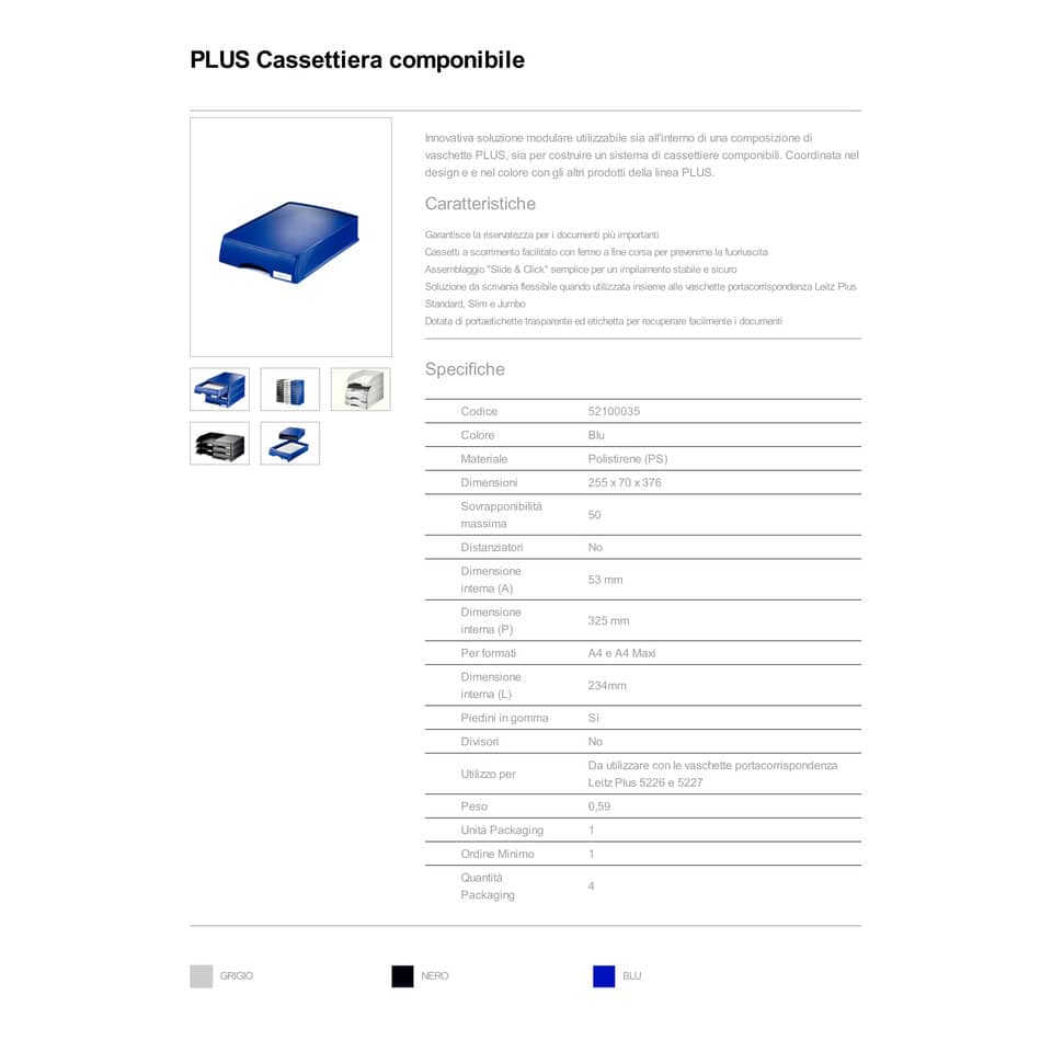 Cassetto componibile Leitz PLUS in polistirolo A4 blu 25,5x37,6x7 cm 52100035