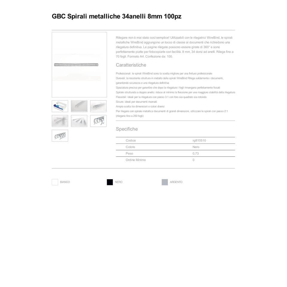 Spirali metalliche a 34 anelli GBC Wirebind 8 mm a4 nero conf da 100 spirali - RG810510