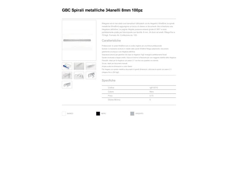 Spirali metalliche a 34 anelli GBC Wirebind 8 mm a4 nero conf da 100 spirali - RG810510