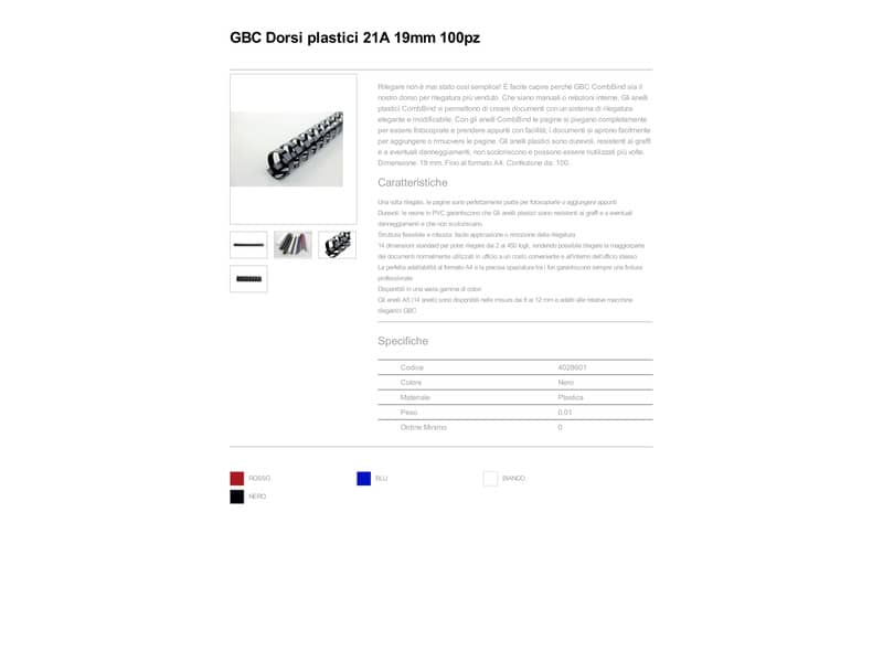 Dorsi plastici a 21 anelli GBC CombBind 19 mm A4 nero - fino a 165 fogli conf da 100 dorsi - 4028601